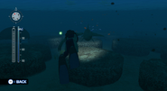 A player riding a dolphin partner in Gatama Atoll at night.