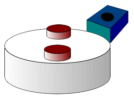 A wheel topped with two magnets that pass by a Hall effect sensor