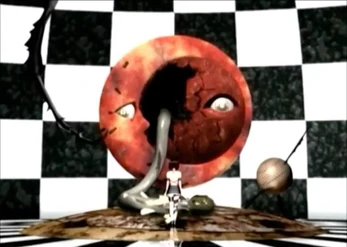 Malice Doll stands in front of the machine which assaulted her, a monster dripping out of its cracks.