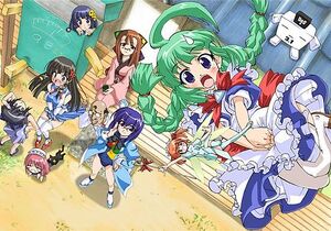 A group of OS-tans. Background, left (clockwise):  (in box), ,  (male),  (in front),  (fish outfit, with cat),  (unusual form),  (holding skirt). Background, right: ,  (not their "official" os-tan). Foreground:  (fairy),  (levitated by CE).