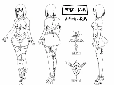 The picture shows the concept art of the series Malice@Doll for the character Malice Doll. We can see her front the front, the back and side.