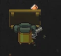 A Shroomer taking cover behind a flipped table. While most Bullet Kin variants have this ability, only normal and Veteran Bullet Kin have a unique animation for it.