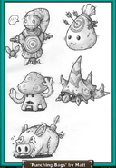 Concept art of the Evil Fungus (middle-left) and the Adult Bacon (bottom)