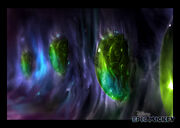 Concept art by Shawn Melchor of Blotling incubators inside the Blot, but didn't make it into the final game.