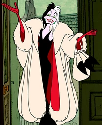 Cruella De Vil as she appears in 101 Dalmations.