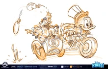 Concept art of Scrooge McDuck, along with his nephews