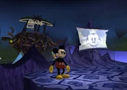 Small Pete steers a steamboat reminiscent of Steamboat Willie, and was supposed to attack Mickey in a giant zeppelin. It is seen on the left.