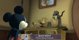 Mickey receiving the Ostown Phone Network quest