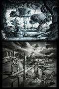Concept art by Gary Glover depicting Wasteland as a “World of trash." The top image is of several trees, while the bottom one is of a bridge.