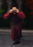 Sun Tzu looking through a pair of binoculars at the arguing Western Philosophers