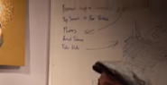 Thanos' name written on a board during "The Patreon Song"