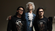 Nice Peter and EpicLLOYD, dressed as Mozart and Skrillex respectively, with the real Skrillex