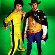 Xin Wuku (dressed as Bruce Lee) behind the scenes with EpicLLOYD (dressed as Clint Eastwood)