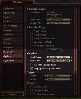 Character Window Options Tab Highlighted