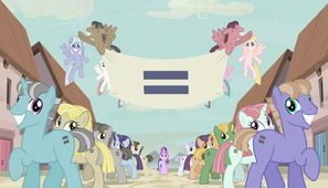 Creepy smiling ponies with equals sign banner S5E1