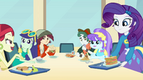 Rarity sitting down at fashion table EG