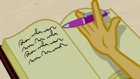 Sunset Shimmer taps her pen on the page EGFF