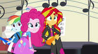 Pinkie and Sunset look toward Rarity EG2