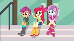 The CMCs waving to Rainbow Dash EG3