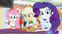 Fluttershy, AJ, and Rarity listen to Sunset EGS3