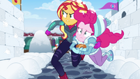 Sunset carrying Pinkie across the yard EGHU