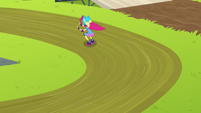 Pinkie speeds down the track EG3