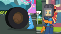 Split-screen of Pinkie rolling a tire and welder Sunset SS13