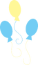 Two blue balloons tied with yellow strings and one yellow balloon tied with a blue string