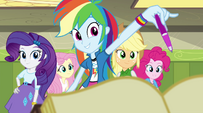 Rainbow Dash holds out a pen to Sunset EG2