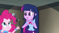 Pinkie grabs Twilight's mic stand EG2