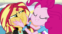 Pinkie Pie smushing Sunset Shimmer's cheeks EGS3