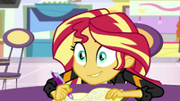 Sunset Shimmer writing with intense panic EGS3