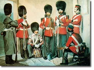 Litograph based on a photo of men of the Grenadier Guards of different types and different orders of dress. The tunic worn is the 1856 pattern with white button loops on the cuff and on the back of the skirts.[11]