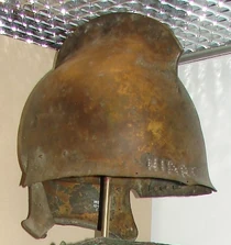 A Greek "Thracian type" bronze helmet found at lake Copais, Boeotia. Dated: 450-400 BC[1]