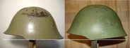 Comparison between the M59 (Left) and the later M59/85 (Right), note the white line at the base of the helmets indicating the difference in shell design.[2]