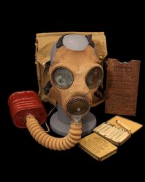 An early model Mk IV respirator manufactured in 1930, haversack, ointment and eyeshields[1]