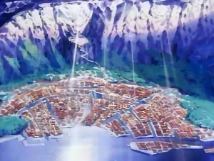 View of Palas from the air. Build into the mountains is a landing area for levi-ships.