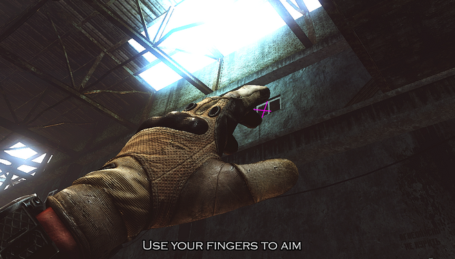 Pink lines drawn between the fingers showing where to aim a grenade when throwing.