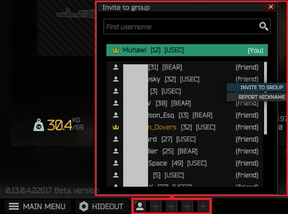 Menu grupowania znajomych na dole menu gry