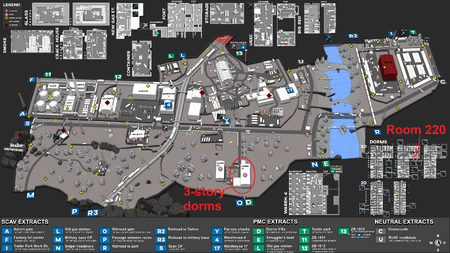 3 story dorms and room 220 marked on map