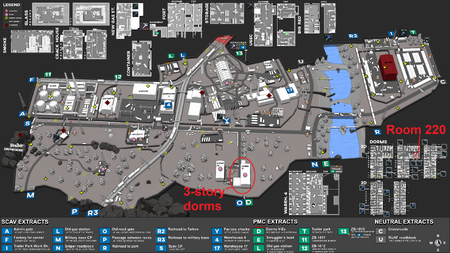 Dortoir et emplacement de la chambre indiqués sur la carte