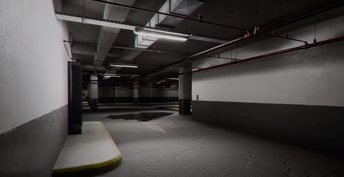 Backrooms Level 1 is a massive warehouse with concrete floors and