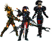Rikku, Paine y Yuna de Final Fantasy X-2 llevando la Vestisfera de Lord Oscuro