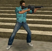 Tommy Vercetti con una M4 en Grand Theft Auto: Vice City (In-game).