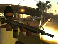 Gta sa m4 cj0001.jpg (63 kB) CJ con una M4 en Grand Theft Auto: San Andreas.