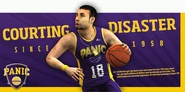 Una valla publicitaria de LS Panic Basketball con uno de sus jugadores, Kazinsky.