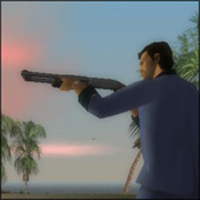 Tommy Vercetti con una escopeta en Grand Theft Auto: Vice City.