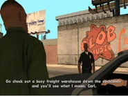 Tenpenny ordenando a CJ ir al puerto para sabotear el trato.