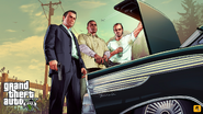 Artwork de la parte posterior de un Tornado en GTA V. junto con Michael, Franklin y Trevor.