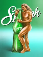 La pintura de un hombre desnudo abrazando una botella de Sprunk por Al Alfaro.